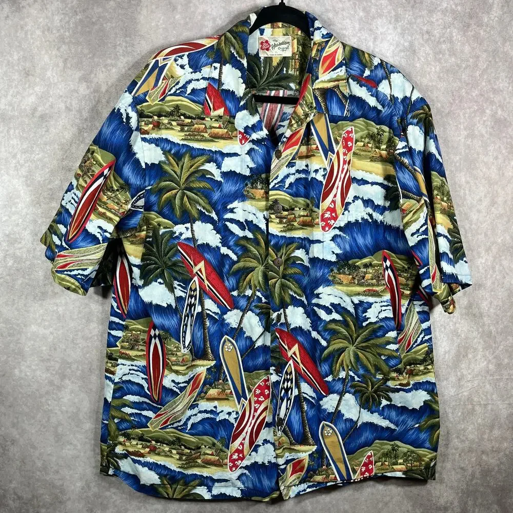 Hilo Hattie Hawaiian Camp Shirt Men XL Blue Surf Board Print Beach Summer Resort